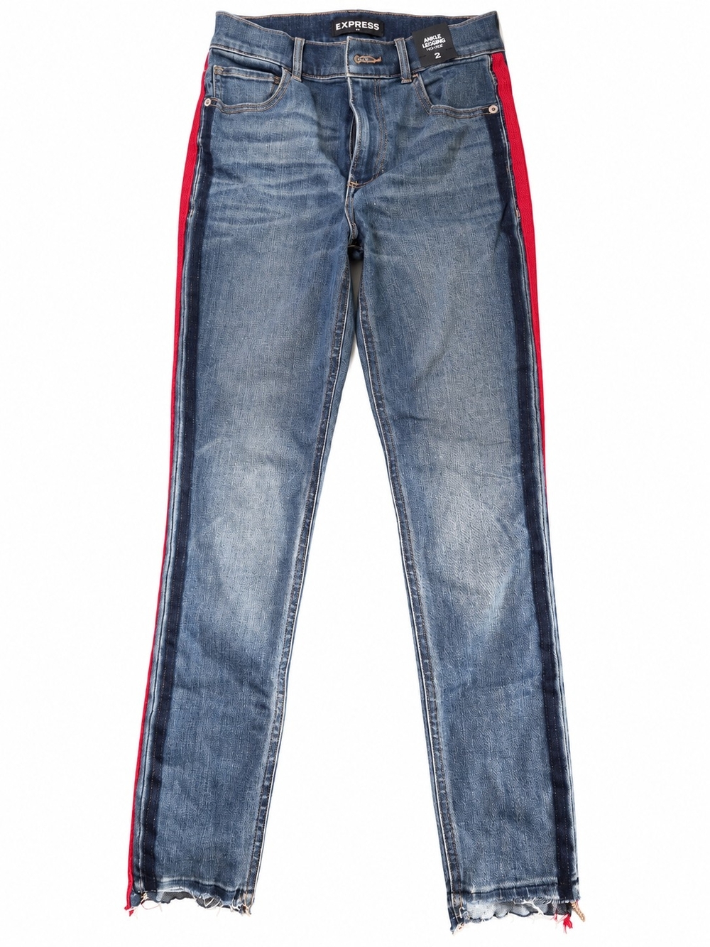 Express Blue Skinny Jeans with Red Side Stripe